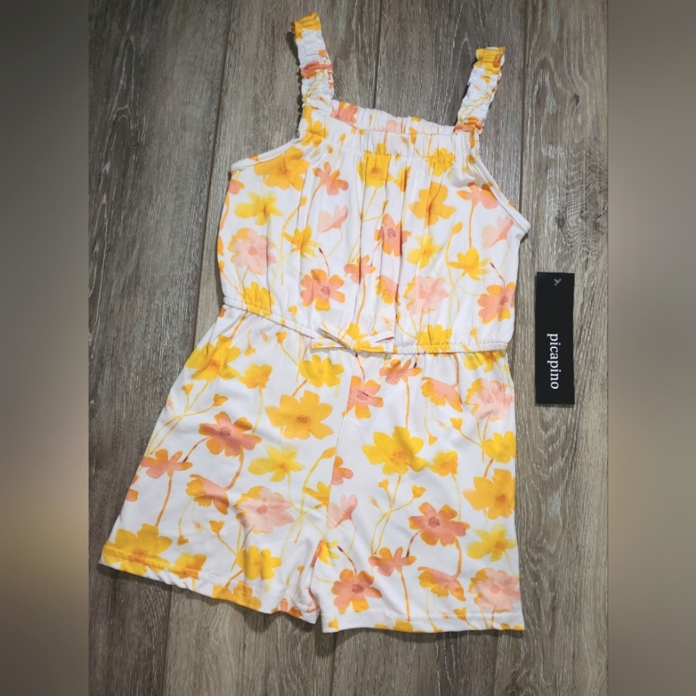 Kids Floral Knit Romper - Yellow Gold and Coral Pink Size 6X